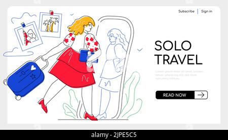 Alleinreise im Sommerurlaub - Webbanner im flachen Design-Stil Stock Vektor
