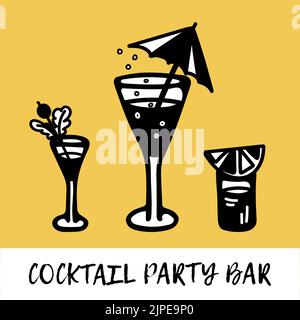 Schwarze und weiße Cocktails mit Blasen, Regenschirm, Beeren-, Zitronen- und Orangenscheibe. Symbol. Cocktailbar. Stock Vektor