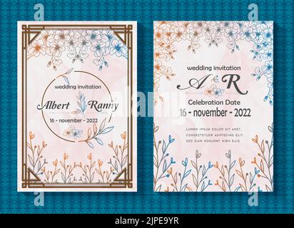 Eine zweiseitige Hochzeitseinladungsvorlage mit weißem Hintergrund und braunem Rahmen Stock Vektor