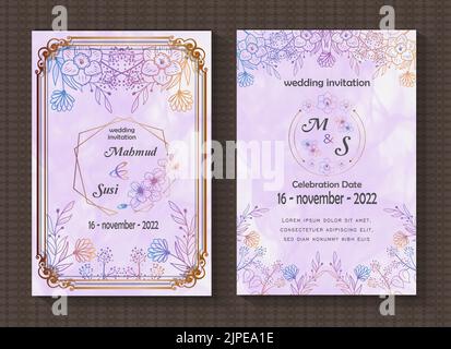 Eine zweiseitige Vorlage für Hochzeitseinladungen mit einem bearbeitbaren Text Stock Vektor