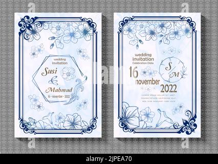 Eine zweiseitige Hochzeitseinladungsvorlage mit weißem Hintergrund und violettem Rahmen Stock Vektor