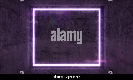 Grunge Zement Hintergrund mit lila Neon-Licht-Rahmen, 3D Rendering Stockfoto