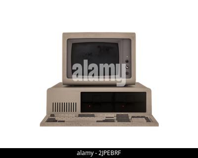 Vintage Desktop-PC mit Tastatur isoliert auf weißem Hintergrund, 3D Rendering Stockfoto