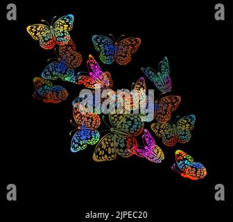 Farbenfroher abstrakter Aquarell-Schmetterling auf schwarzem Hintergrund. Vektorgrafik Stock Vektor