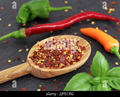 Zerkleinerte getrocknete Chilischoten auf Holzlöffel mit frischen, verschiedenfarbigen Chilischoten auf schwarzem Schieferbrett Stockfoto