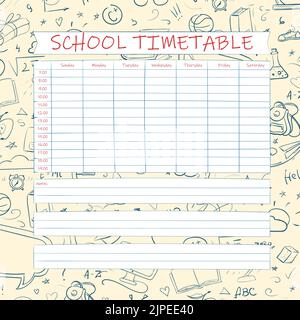 Schule Zeitplan handgezeichnetes Design. Vektor-Planer-Vorlage für Studenten. Lustige Doodle Schulplan. Kinder skizzieren den Hintergrund. Stock Vektor