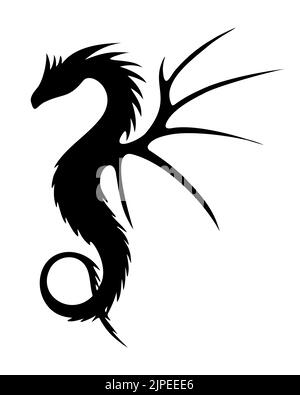 Dragon Silhouette dunkelschwarz, handgezeichnete Kunst. Vektor-Illustration Stock Vektor