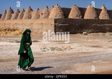 Einheimische Frau in traditioneller Kleidung mit den Kuppeln von Lehmziegelhäusern im Hintergrund, im Dorf Harran, Sanliurfa, Türkei Stockfoto
