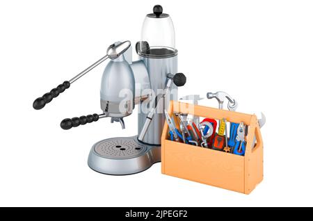 Manueller Zitrus-, Granatapfel-Entsafter mit Werkzeugkasten. Reparatur und Wartung des manuellen Entsafters, 3D Rendering isoliert auf weißem Hintergrund Stockfoto