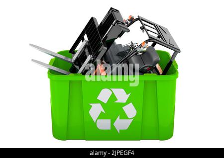 Recycling-Papierkorb mit Gabelstapler, 3D Rendering isoliert auf weißem Hintergrund Stockfoto