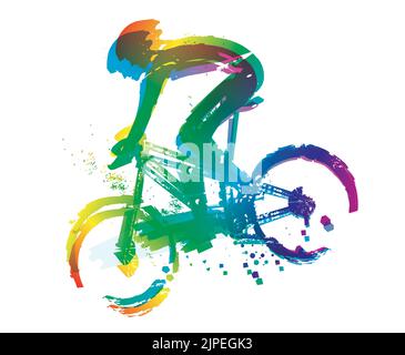 Mountainbiker in voller Geschwindigkeit, Herbst Blattfarbe Hintergrund. Farbenfrohe, ausdrucksstarke Illustration eines Mannes, der mit hoher Geschwindigkeit auf einem Mountainbike einen Hügel hinunterfährt. Stock Vektor