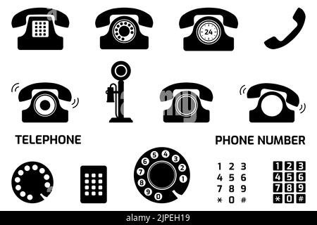 Retro-Telefon-Symbol eingestellt. Sammlung von Vintage-Telefonsymbolen. Flache Vektorgrafik Stock Vektor