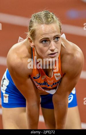 MÜNCHEN, DEUTSCHLAND - 17. AUGUST: Anouk Vetter aus den Niederlanden startet beim Frauen-Heptathlon 200m bei den Europameisterschaften München 2022 im Olympiastadion am 17. August 2022 in München (Foto: Andy Astfalck/BSR Agency) Stockfoto