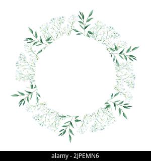 Aquarell-Kreisrahmen isoliert auf weißem Hintergrund. Rustikales Grün, Gypsophila-Zweige und Pistazien-Zweige. Handgezeichnete botanische Illustration Stockfoto