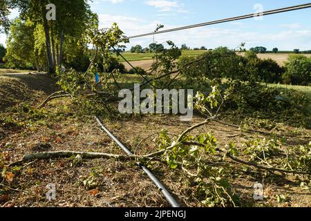 FRANKREICH: Wetter - Telefonleitungen und Pole werden im August 2022 von einem Sturm auf einer Straße außerhalb von Condom, Frankreich, heruntergefahren. Globale Warnung und Klimawandel. © Credit: David Levenson/Alamy Stockfoto