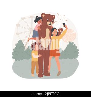 Maskottchen Kostüm isoliert Cartoon Vektor Illustration. Spaß fair Aktivität, Kinder umarmt Mann in Lebensgröße Kostüm, Bär Maskottchen, Familie im Vergnügungspark, Foto mit Charakter-Vektor-Cartoon. Stock Vektor