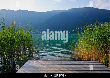 Holzsteg mit Schilf, Blick auf den Ossiacher See in Österreich kurz vor Sonnenuntergang Stockfoto