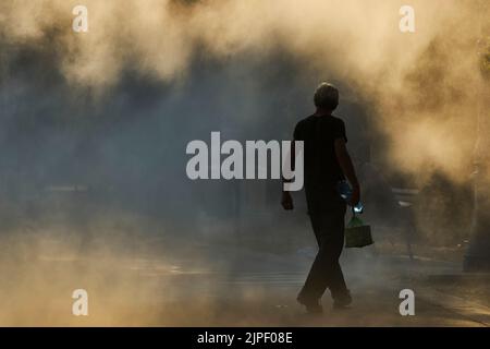 Bukarest, Rumänien - 26. Juli 2022: Ein Mann mit einer Wasserflasche läuft an einem sehr heißen Tag durch den feinen Sprühnebel eines Brunnens Dieses Bild ist für Eito Stockfoto