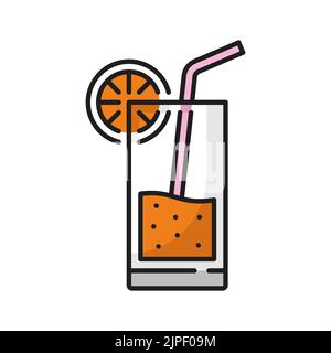 Orangencocktail im Glas mit Strohisolierter Umrissikone. Vector Detox Getränk von Zitrusfrüchten, Limonade Sommer erfrischende Getränk. Gesunde Ernährung, Ernährung Ernährung Energie trinken. Frühstück, frisches Getränk Stock Vektor