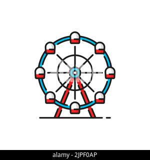 Roundabout Riesenrad Vergnügungspark Attraktion isoliert Farblinie Symbol. Vector Funfair Spielplatz Karussell, Beobachtungsübersicht Drehkreis mit Vintage-Kabinen in blauen und roten Farben Stock Vektor