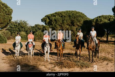 Porträt von 6 Schülern einer Reitschule, die im Pinienwald Pferde reiten Stockfoto