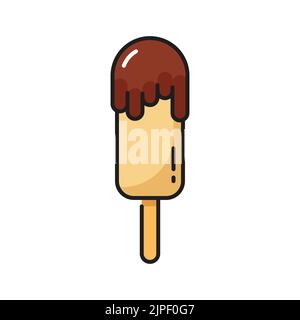 Vanilleeis in Kakaoauflage, kalt schwimmende Eisbecher, süßes eskimo-Symbol mit isolierter Farblinie. Vector Schokoladenpopsicle auf Stick, leckeres Eis. Stock Vektor