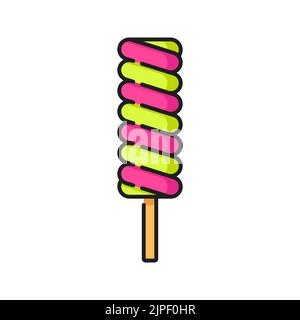 Eis auf Stick mit Karamell bunte Glasur isoliert Sommer Dessert Farbe Linie Symbol beschichtet. Erfrischendes Eis, süßes gestreiftes Popsicle, gefrorene Erfrischungsjause. Fruchtige Sundae Milchprodukte Stock Vektor