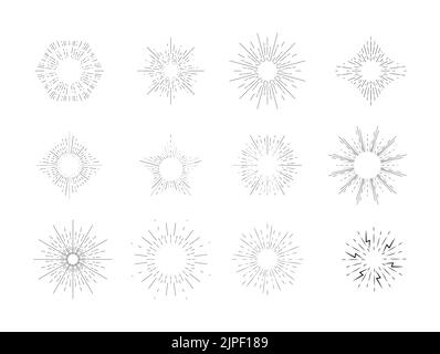 Vektor für Sunburst-Schatten-Symbole. Starburst, Feuerwerk-Monochrome. Burst, der aus der Mitte der geraden und spiralförmigen Strahlen, Linien ausstrahlt. Stock Vektor