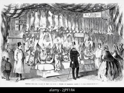 Weihnachtszeit - große Ausstellung von Preisfleisch von M. J. Sturges, in Washington Market, New York (1860). Fleischmarktstand. 19.. Jahrhundert Illustration aus Frank Leslie's Illustrated Newspaper Stockfoto