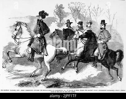 Die Mountain Rangers, Kapitän Turner Ashby kommandieren, durchkämmen die Nachbarschaft von Charlestown, Virginia, auf der Suche nach Spionen, während der Harper's Ferry Aufstand Aufregung. John Browns Razzia auf Harper's Ferry, Oktober 1859. 19.. Jahrhundert Illustration aus Frank Leslie's Illustrated Newspaper Stockfoto