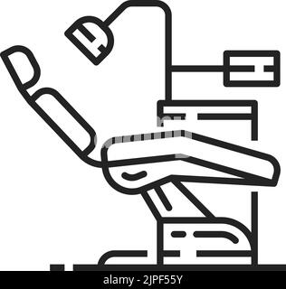 Zahnarztstuhl und zahnärztliche Ausrüstung isoliert Umriss Symbol. Vector moderne Zahnstation, Lampe und Instrumente. Zahnmedizin Büromöbel, bequeme Sessel in der Stomatologie, leere Delle Sitz Stock Vektor