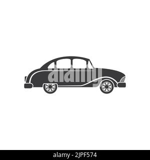 Retro-Auto Seitenansicht isoliert monochromes Symbol. Vector Oldtimer von 1950s, 1960s oder 1970s, Luxus altes Modell. Schneller Transport, amerikanisches oder europäisches Automobil in schwarz-weiß, Taxi-Auto Stock Vektor