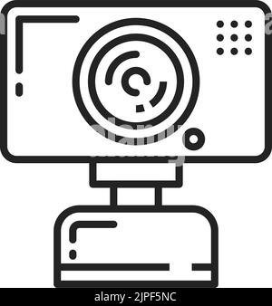 Isoliertes lineares Symbol der Überwachungskamera. Vektor-Videokamera, Webcam, Chat-Kamera Umriss-Symbol. Webkamera mit Fernbedienung, Spionagesystem. Broadcast-Videokamera Schild mit optischem Objektiv Stock Vektor