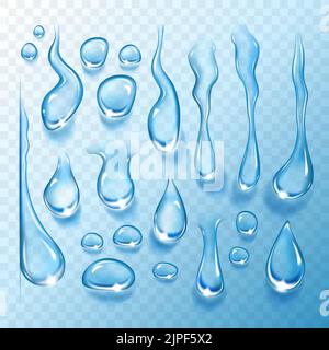 Satz blauer Wassertropfen auf transparentem Hintergrund. Vektorgrafik. Stock Vektor