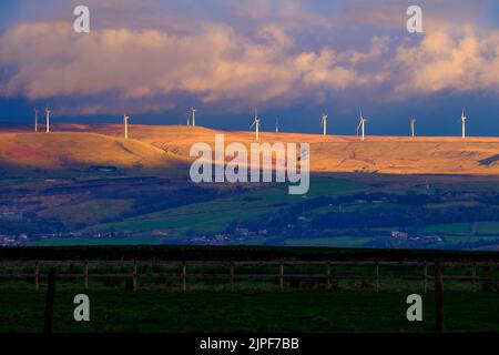 Windturbinen bei schwachem Licht auf der Scout Moor Skyline aus Sicht von Affetside Village, Bolton UK Stockfoto