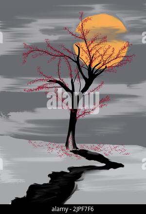 Mondlicht, abstrakte Kunst Baum Ölgemälde, moderne Kunst, Leinwand Baum Malerei Stockfoto