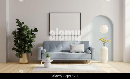 Posterrahmen-Modell mit blauem Sofa und Dekor im Wohnzimmer.3D Rendering Stockfoto