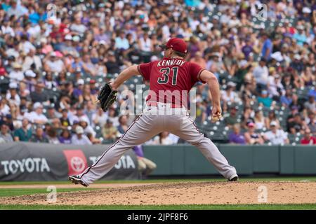 August 14 2022: Arizona Pitcher Ian Kennedy (31) wirft einen Pitch während des Spiels mit Arizona Diamondbacks und Colorado Rockies, das im Coors Field in Denver Co. David Seelig/Cal Sport Medi stattfand Stockfoto