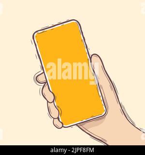 Hand, die die rechte Hand des Menschen mit dem Smartphone zieht oder hält. Vektor mit Linienkritzel. Stock Vektor