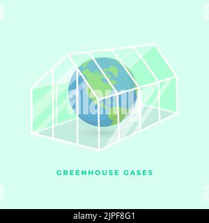 Der Planet Erde in einem transparenten Gewächshaus. Konzept der Treibhausgase oder des Treibhauseffekts. Stock Vektor