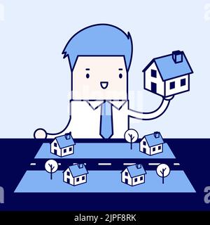 Geschäftsmann planen, sein Haus in leerem Raum zu setzen. Cartoon-Figur dünne Linie Stil Vektor. Stock Vektor