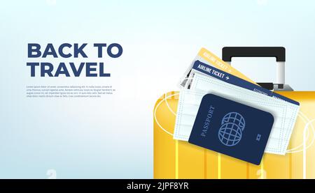 Bereiten Sie Ihr Gepäck, Ihren Reisepass, Ihr Ticket und Ihre Maske für die Rückkehr zur Reise vor. Ready to travel, Back to travel Bannerkonzept. Stock Vektor