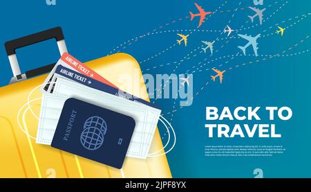 Bereiten Sie Ihr Gepäck, Ihren Reisepass, Ihr Ticket und Ihre Maske für die Rückkehr zur Reise vor. Ready to travel, Back to travel Bannerkonzept. Stock Vektor