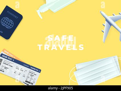 Pass, Ticket, Alkoholgel und Maske für die Rückkehr zur Reise auf gelbem Hintergrund. Tourismus Sichere Reisen im Urlaub. Stock Vektor