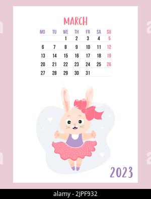 Kalender März 2023. Cute Hase Mädchen Ballerina im Kleid auf spitzenschuhe. Kaninchen ist Symbol 2023 Jahr zu chinesischen Tierkreis. Vektorgrafik. Vertikal Stock Vektor