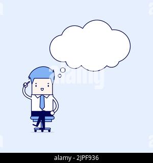 Geschäftsmann denkt, während er auf dem Stuhl sitzt. Cartoon-Figur dünne Linie Stil Vektor. Stock Vektor