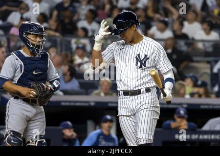 Bronx, Usa. 17. August 2022. New York Yankees Oswaldo Cabrera reagiert während einer AT-Fledermaus im vierten Inning gegen die Tampa Bay Rays im Yankee Stadium am Mittwoch, 17. August 2022 in New York City. Foto von Corey Sipkin/UPI Credit: UPI/Alamy Live News Stockfoto