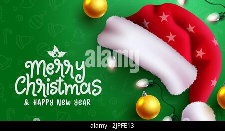 Weihnachten Gruß Vektor-Design. Fröhliche weihnachten Typografie Text mit weihnachtsmütze in Sternmuster, Weihnachtslichter und Kugeln Elemente für Urlaub Nachrichten. Stock Vektor