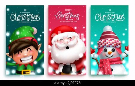 Weihnachtsfigur Gruß Vektor Poster Set. Frohe weihnachten Textkollektion mit santa claus, Schneemann und elf niedlichen Zeichen für Weihnachten Zeichen. Stock Vektor