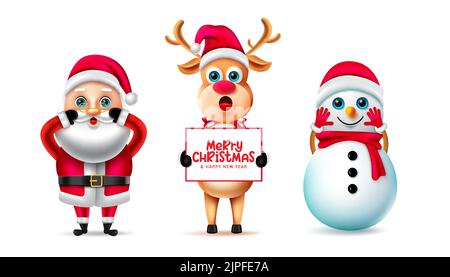 Weihnachtsfiguren Vektorset. Weihnachtsfigur wie weihnachtsmann, Schneemann und Rentier halten Whiteboard mit fröhlichen weihnachtsgrüßen Nachrichten. Stock Vektor
